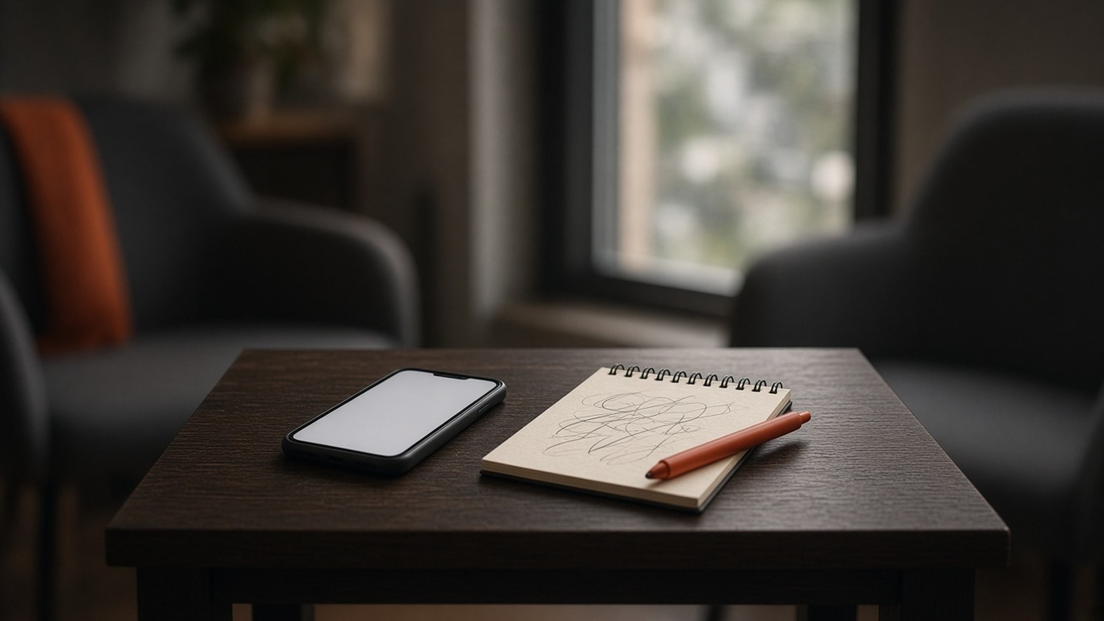 A phone with a softly glowing blank screen lies next to a notepad and an orange pen on a dark side table in a quiet waiting room.