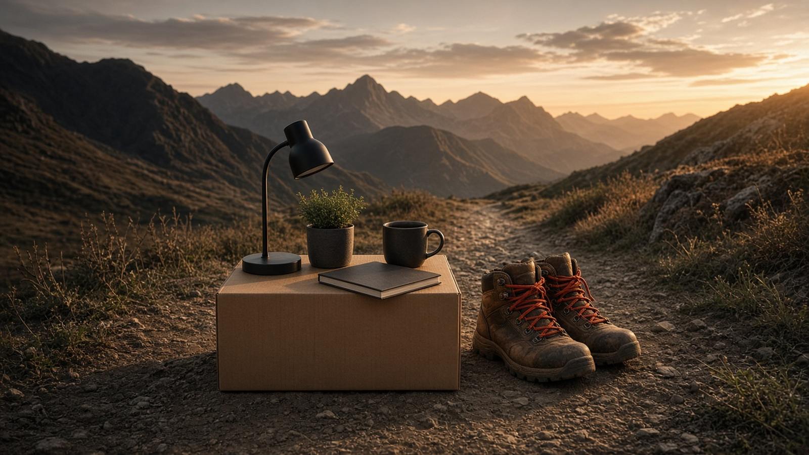 A cardboard box with a desk lamp, plant, mug and notebook sits at the start of a mountain trail beside worn hiking boots at golden hour.