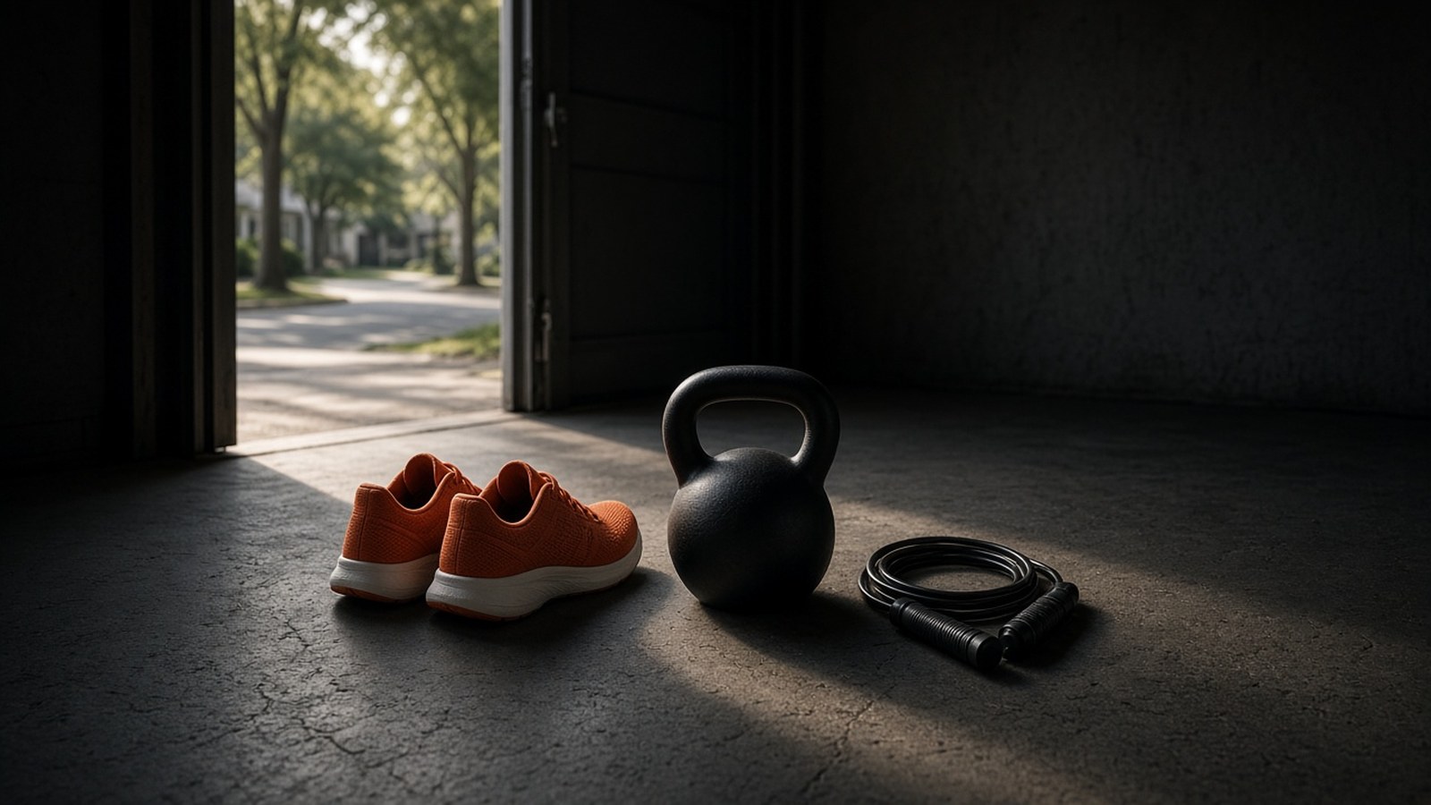 Burnt-orange running shoes, a black kettlebell and a coiled jump rope rest on a garage floor in morning light beside an open door to a quiet tree-lined street.