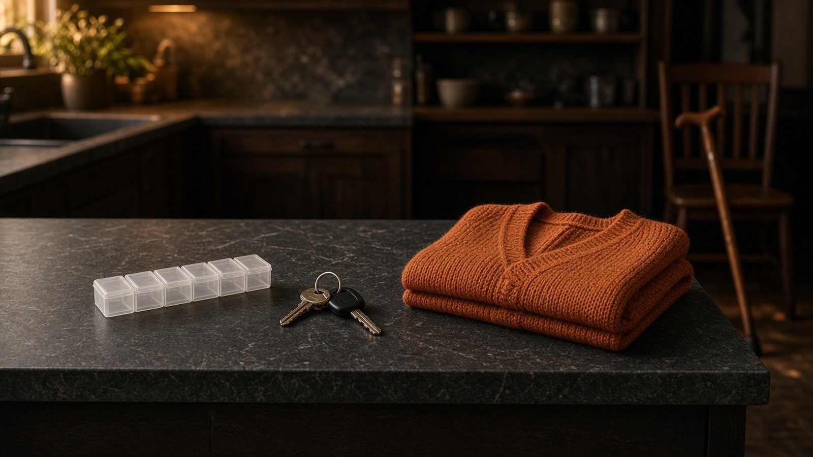A weekly pill organizer, car keys and a folded burnt-orange cardigan rest on a dark kitchen counter in warm evening light, with a cane leaning on a chair behind.