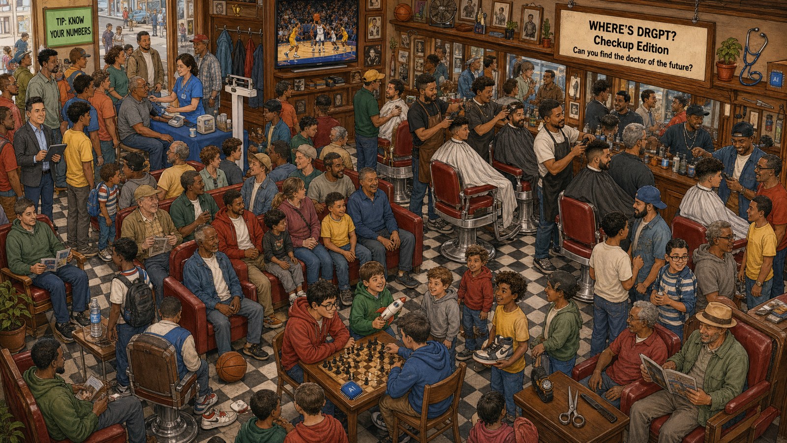 Hand-drawn hidden-object illustration of a busy neighborhood barbershop next to a free men's health screening booth, with red leather chairs, a basketball game on TV and dads with sons. A sign reads "Where's DrGPT? Checkup Edition" and a green sign reads "Tip: Know your numbers."