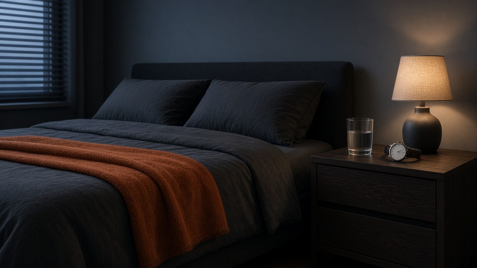 A dim bedroom at dawn with a neatly made charcoal bed, a burnt-orange throw, and a wristwatch and glass of water on the nightstand under soft blue light through the blinds.