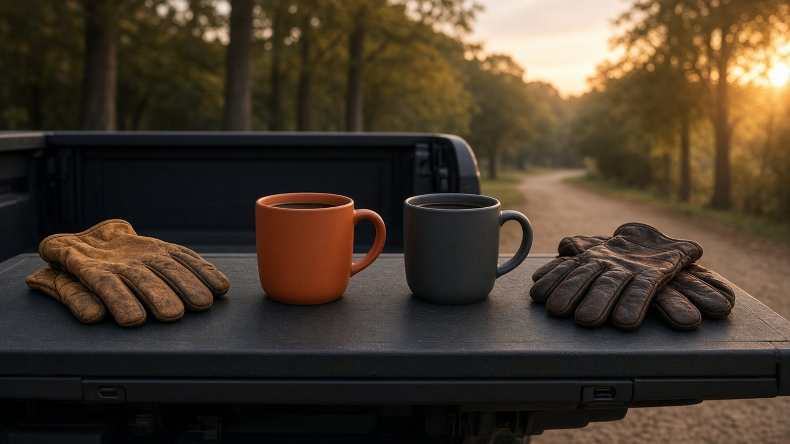 Two coffee mugs, one burnt orange and one charcoal, sit between two pairs of worn leather work gloves on a pickup truck tailgate at sunrise beside a tree-lined park trail.